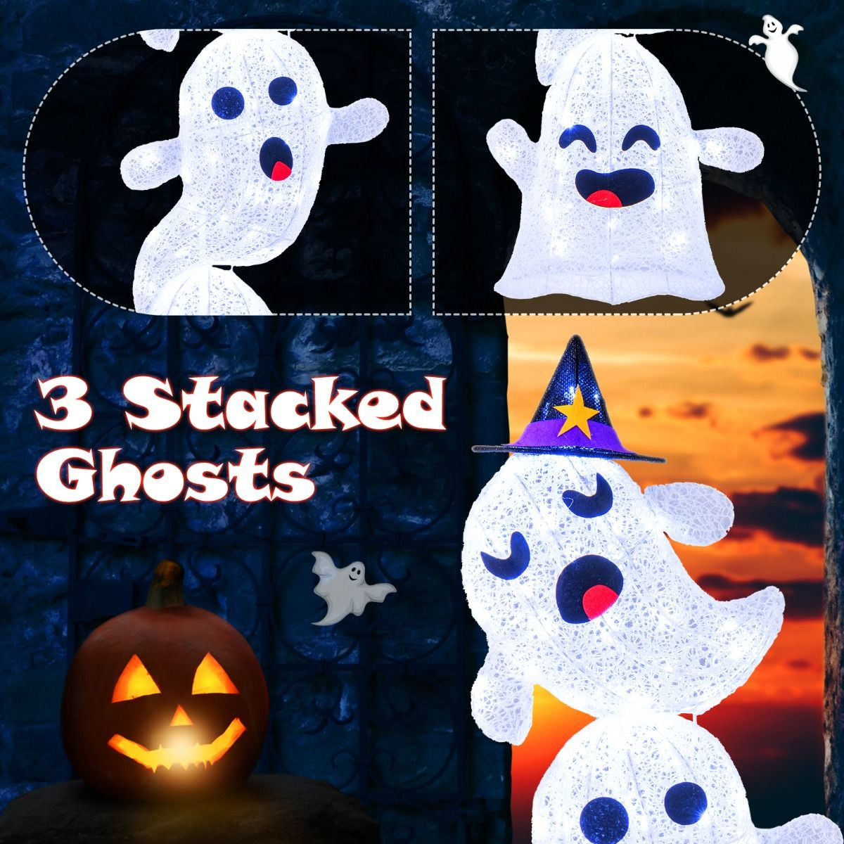 4 FT Stacked Ghosts with 120 LED Lights and 4 Ground Stakes