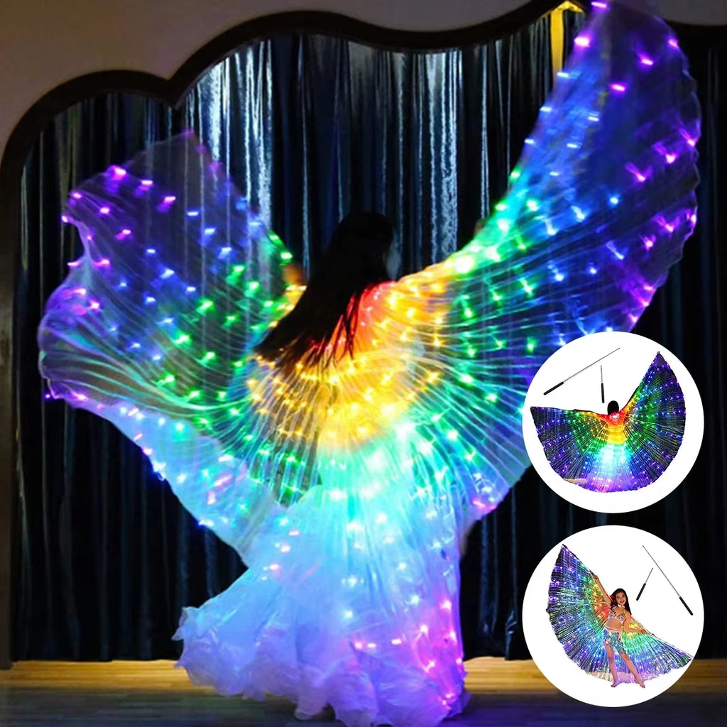 LED Light Up Belly Dance Wings – Dual-Mode Performance Costume with Telescopic Sticks | Kids & Adults