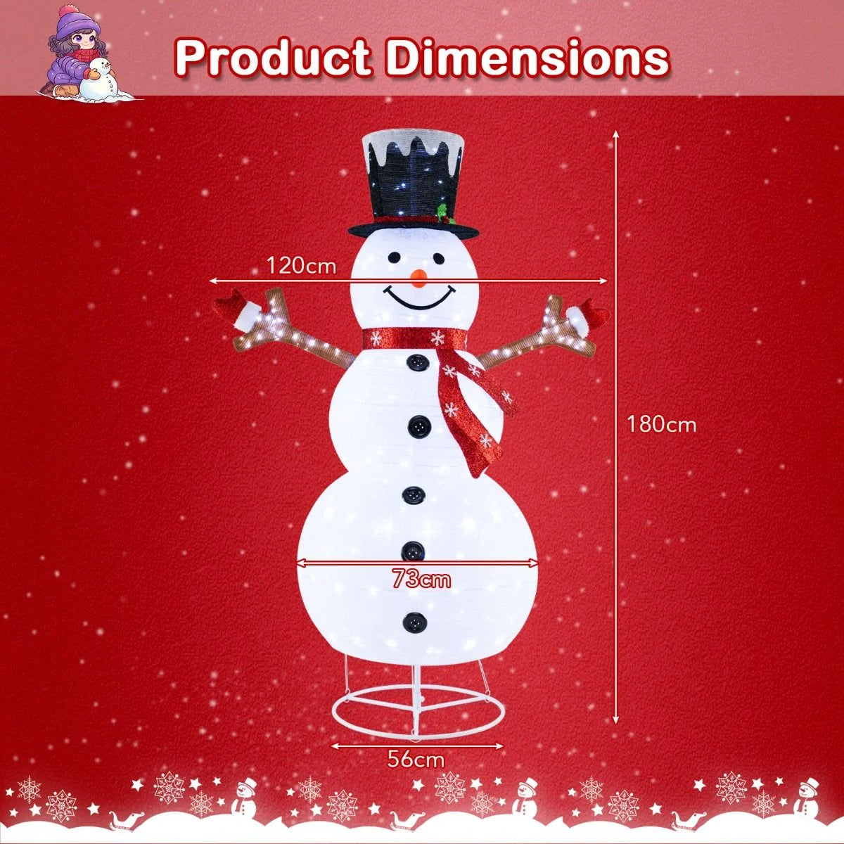 6ft Pre-Lit Snowman – 180 LED Outdoor Christmas Decoration | Pop-Up Design with Stakes & Rope