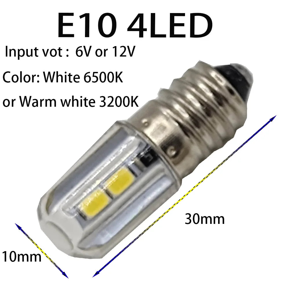 2pcs E10 LED Bulb – 6V / 12V Flashlight & Work Light | White & Warm White