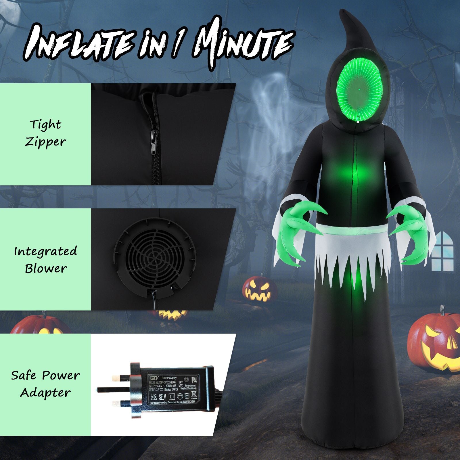 Giant Inflatable Halloween Ghost – 245 cm with Infinity Tunnel Lights & Green LEDs