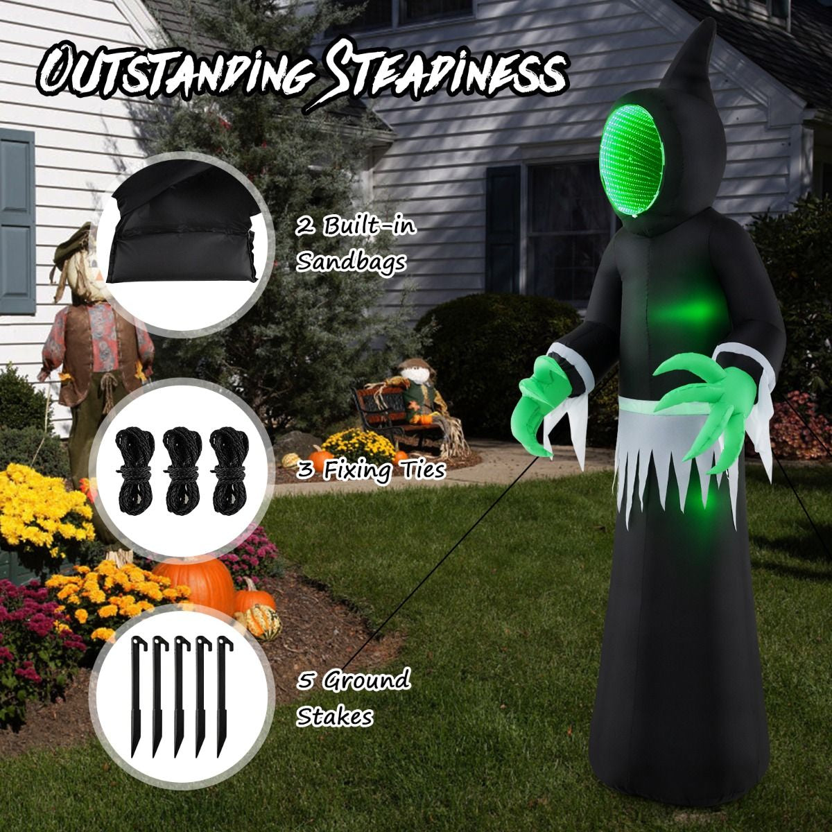 Giant Inflatable Halloween Ghost – 245 cm with Infinity Tunnel Lights & Green LEDs