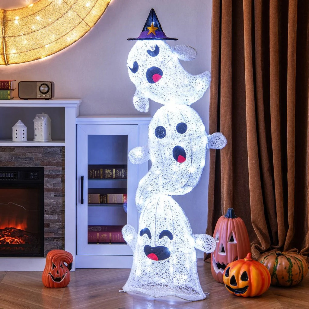 4 FT Stacked Ghosts with 120 LED Lights and 4 Ground Stakes