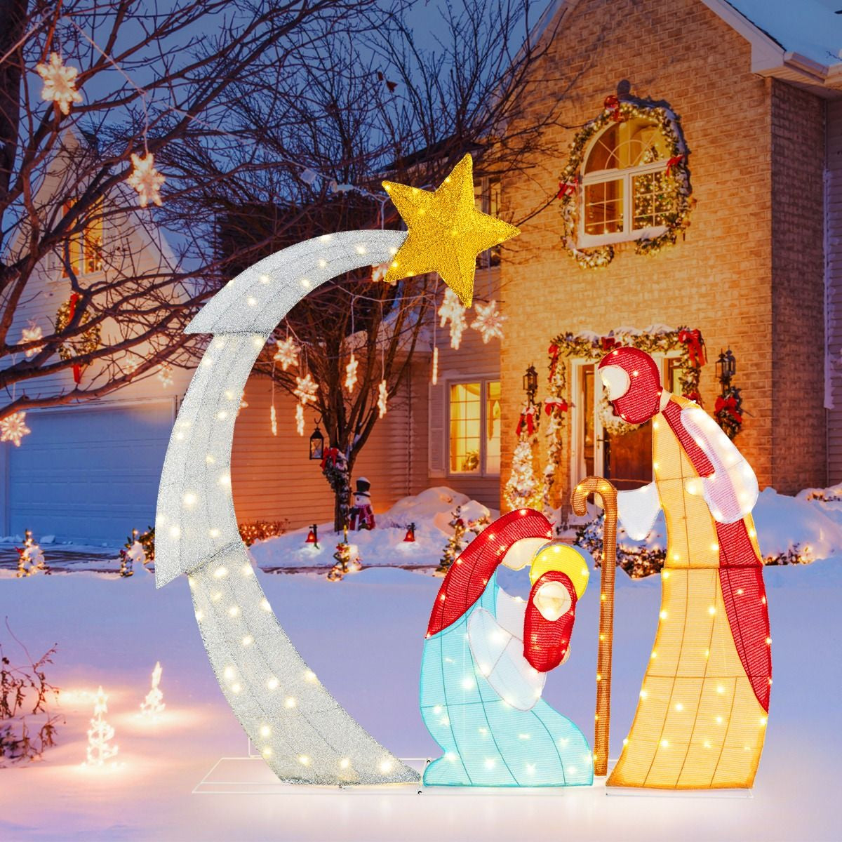Lighted Christmas Nativity Scene – 140 LED Outdoor Display | Holy Family with Star of Bethlehem