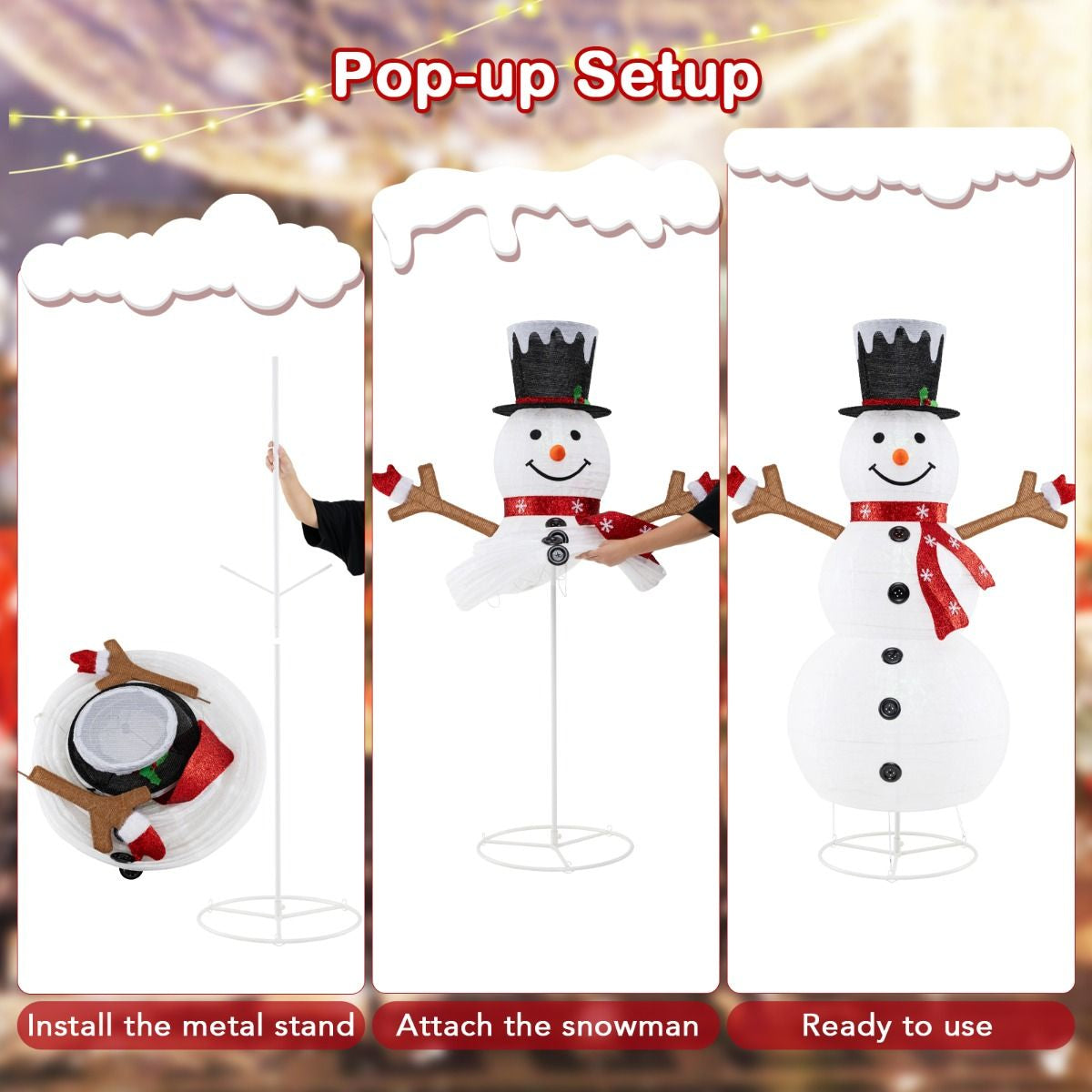 6ft Pre-Lit Snowman – 180 LED Outdoor Christmas Decoration | Pop-Up Design with Stakes & Rope