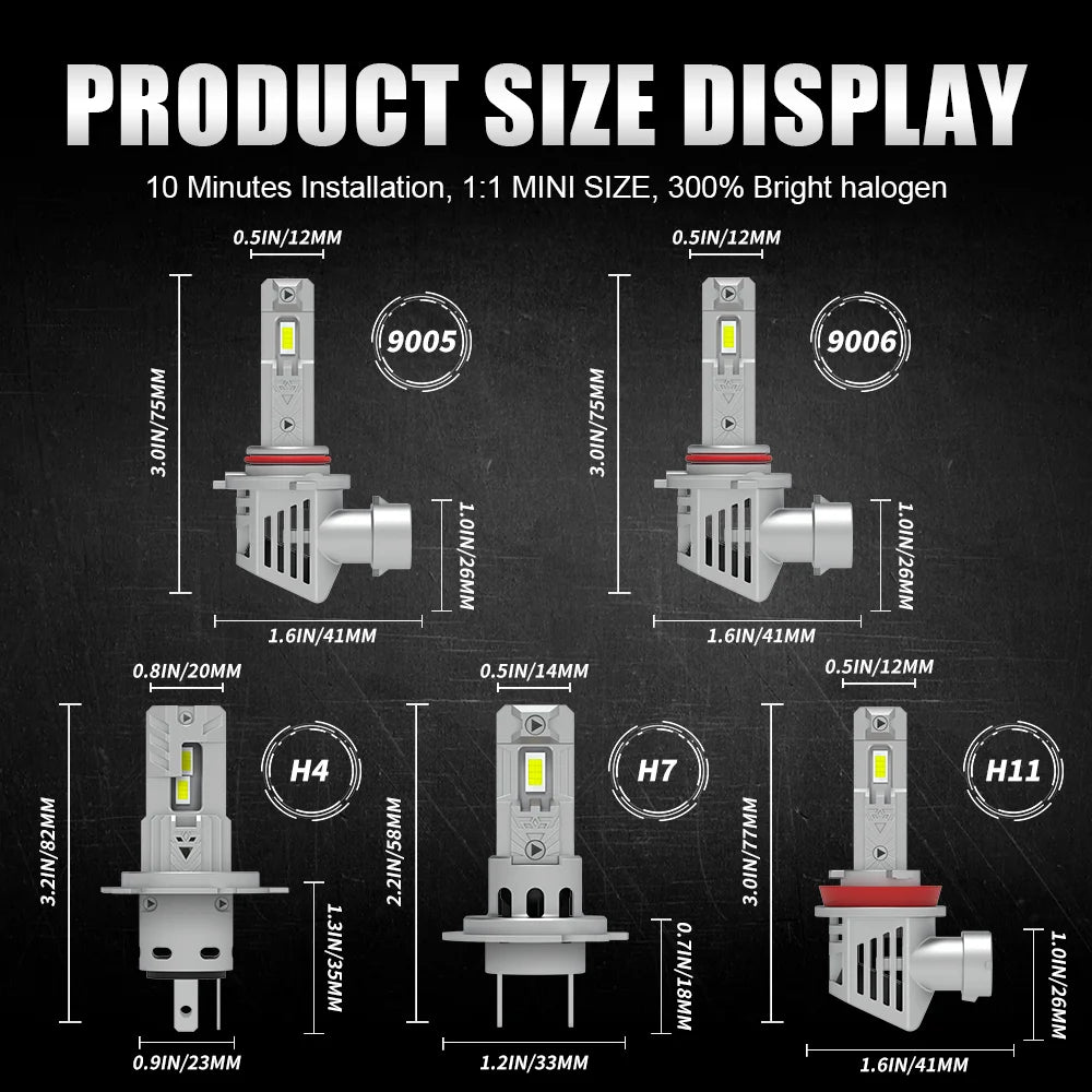 2PC LED Car Headlight Bulbs Kit – 20,000LM 80W | 6000K White | H4/H7/H11/9005/9006 | IP68 | Plug & Play