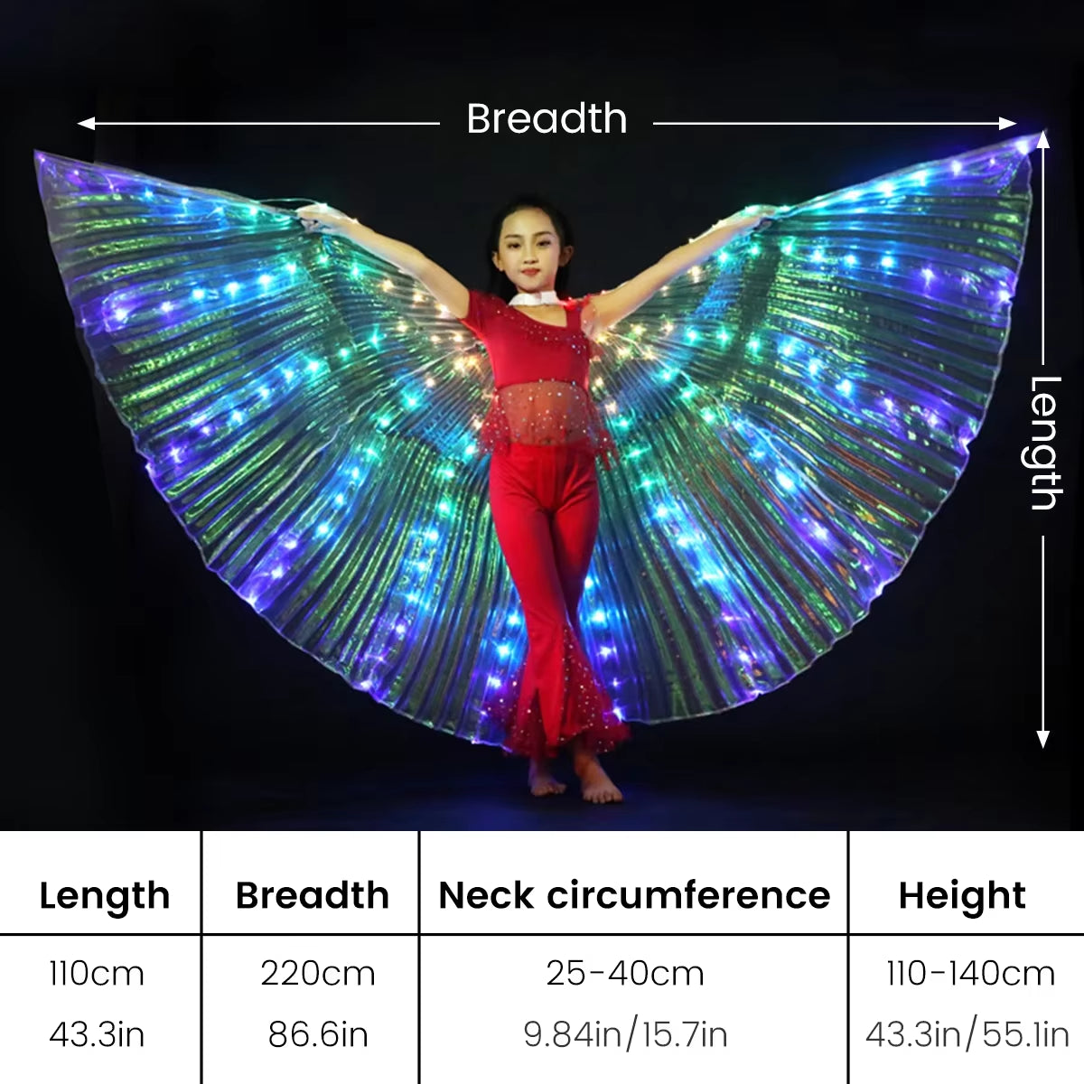 LED Light Up Belly Dance Wings – Dual-Mode Performance Costume with Telescopic Sticks | Kids & Adults