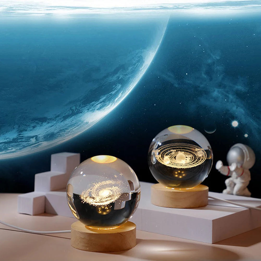 Crystal Ball Night Light – 3D Laser Engraved Galaxy Lamp with Wooden Base | USB Powered Gift