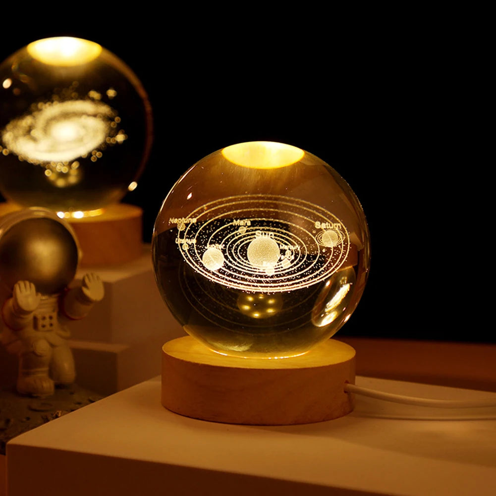 Crystal Ball Night Light – 3D Laser Engraved Galaxy Lamp with Wooden Base | USB Powered Gift