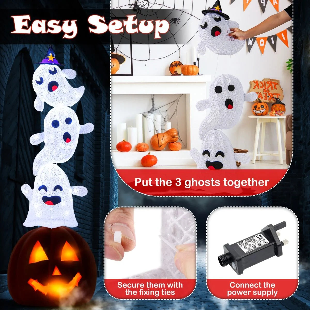 4 FT Stacked Ghosts with 120 LED Lights and 4 Ground Stakes