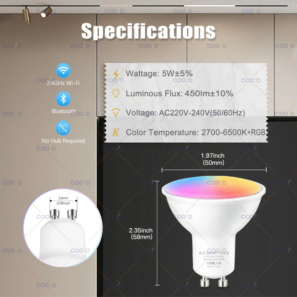 Smart LED GU10 Bulb – WiFi + Bluetooth | RGB + Warm White + Cool White | Alexa & Google Home Compatible
