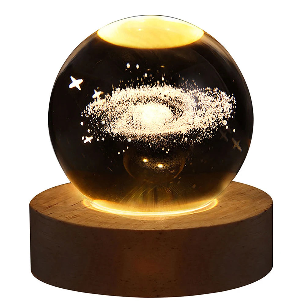 Crystal Ball Night Light – 3D Laser Engraved Galaxy Lamp with Wooden Base | USB Powered Gift