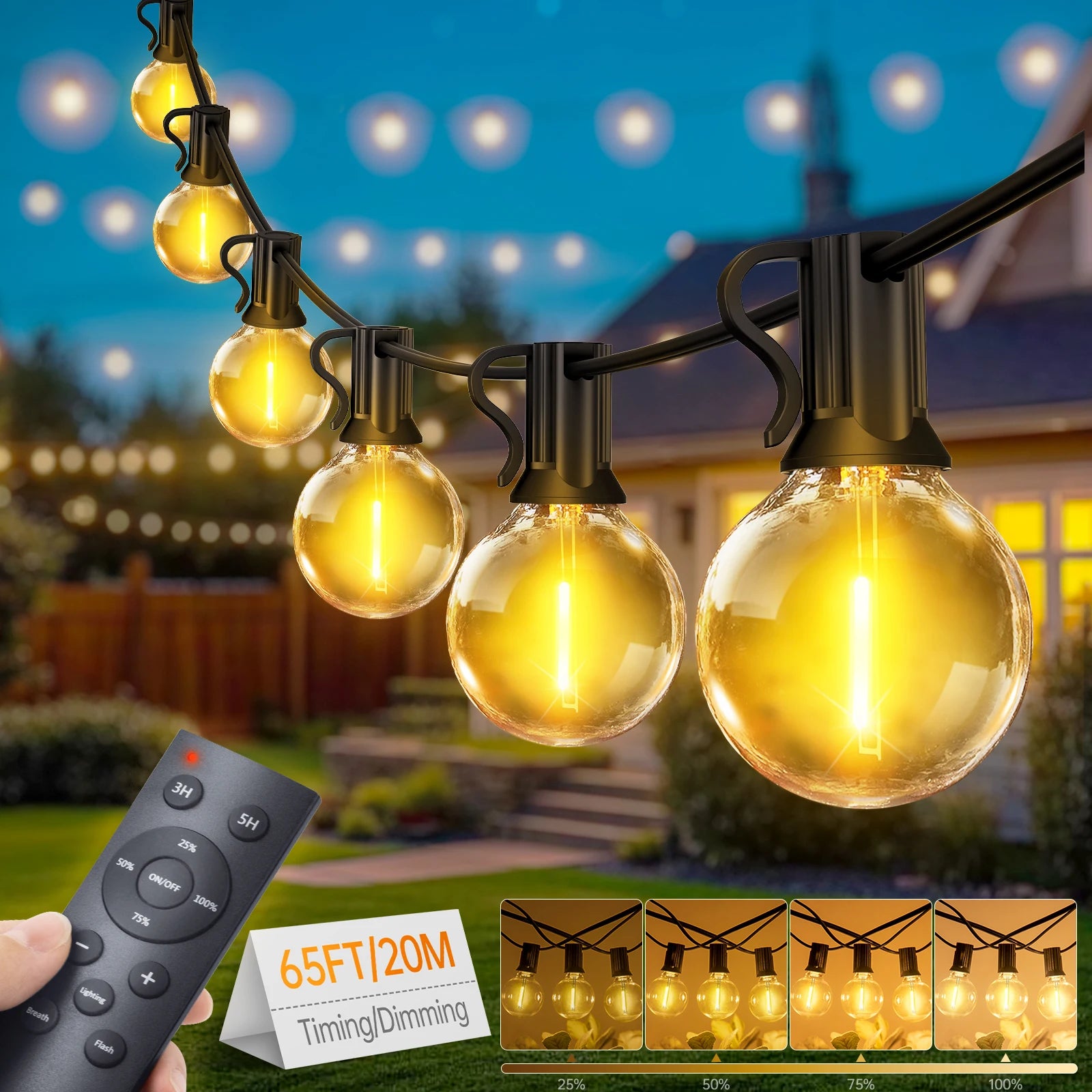 G40 Outdoor String Lights – 20M | 28 LED Vintage Bulbs | Dimmable, Waterproof | Patio, Garden & Party Lighting