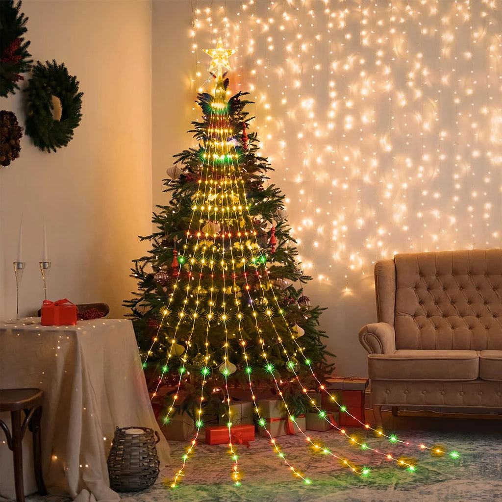 Christmas Tree Star Light with Waterfall LED Strings – USB Powered | 8 Modes, Waterproof Indoor & Outdoor Decoration