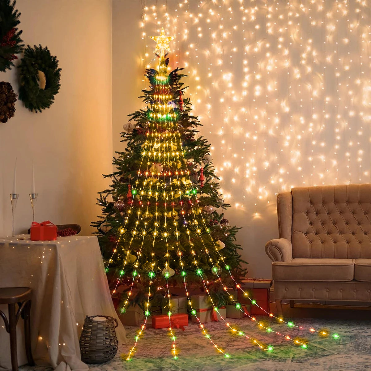 Christmas Tree Star Light with Waterfall LED Strings – USB Powered | 8 Modes, Waterproof Indoor & Outdoor Decoration