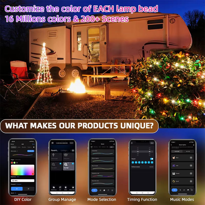 Christmas LED String Lights with Chase Effect – WS2812B IC Waterproof Strip | USB Powered, Multiple Modes