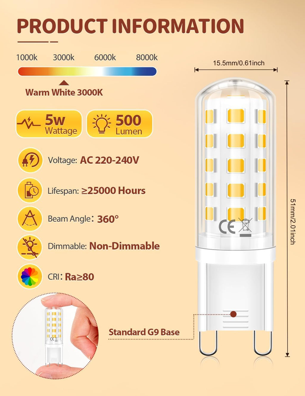 G9 LED Bulb – 5W (500LM) | Warm White 3000K | Energy-Saving Halogen Replacement - 5 Pack