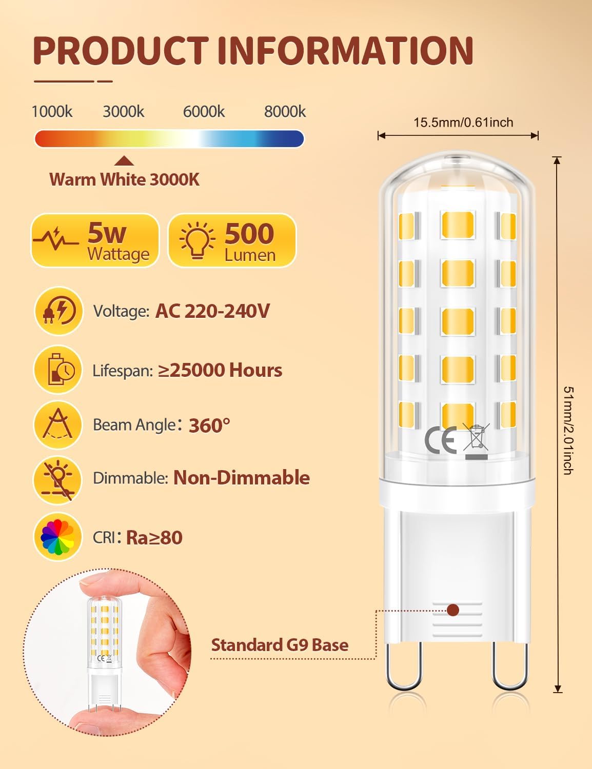 G9 LED Bulb – 5W (500LM) | Warm White 3000K | Energy-Saving Halogen Replacement - 5 Pack