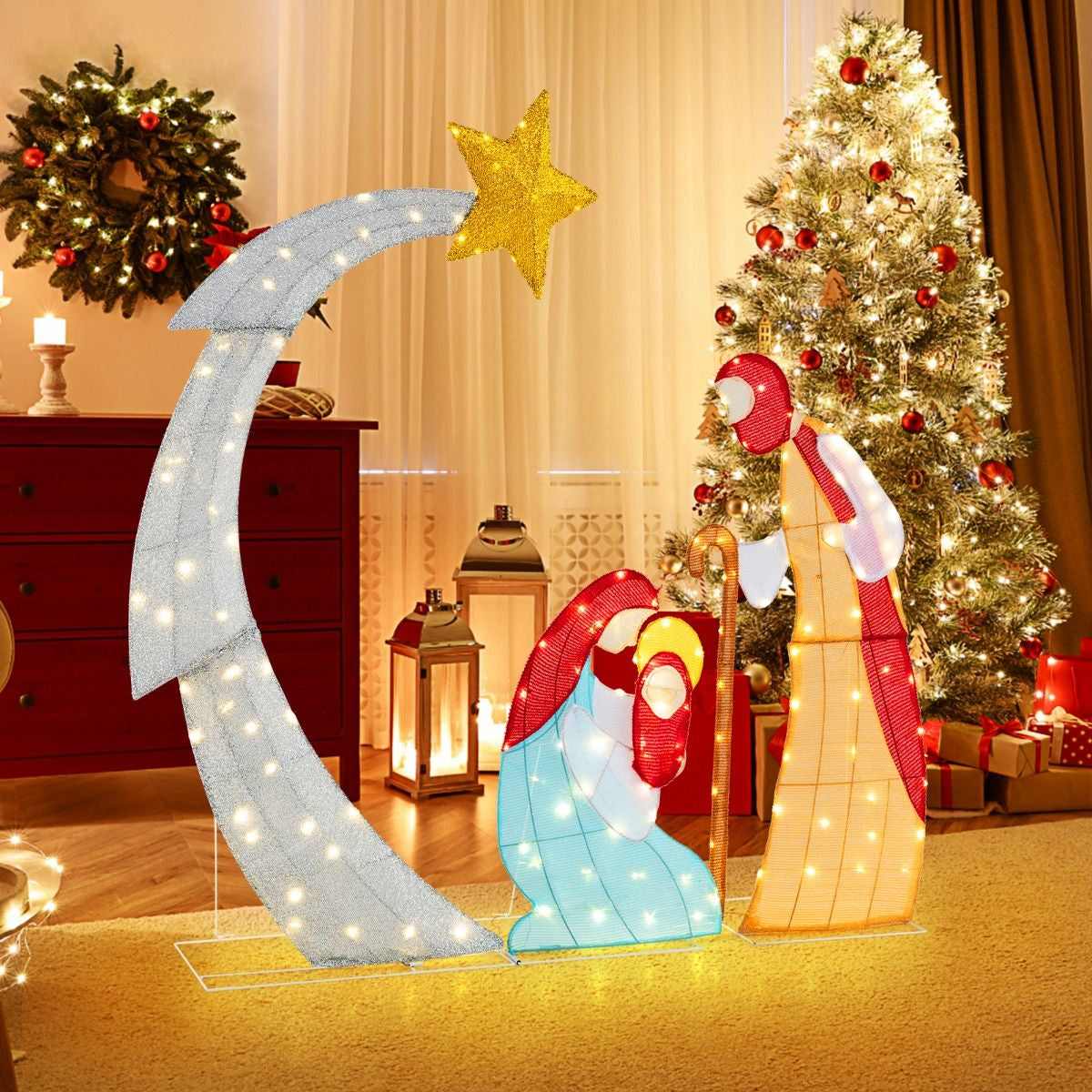 Lighted Christmas Nativity Scene – 140 LED Outdoor Display | Holy Family with Star of Bethlehem
