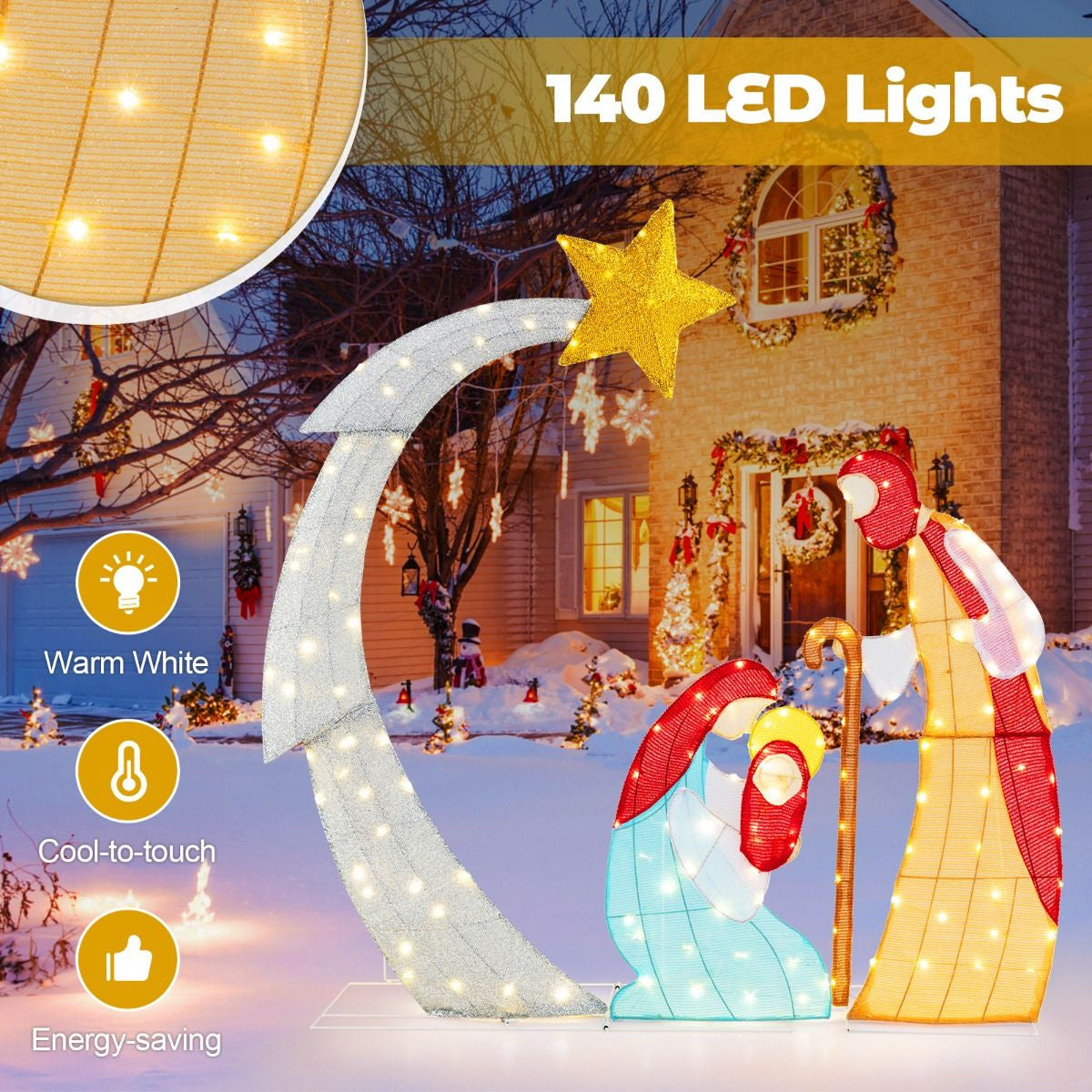 Lighted Christmas Nativity Scene – 140 LED Outdoor Display | Holy Family with Star of Bethlehem
