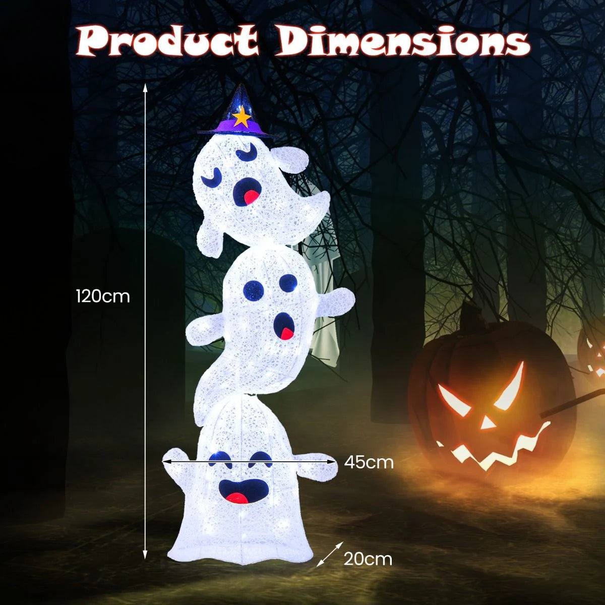 4 FT Stacked Ghosts with 120 LED Lights and 4 Ground Stakes