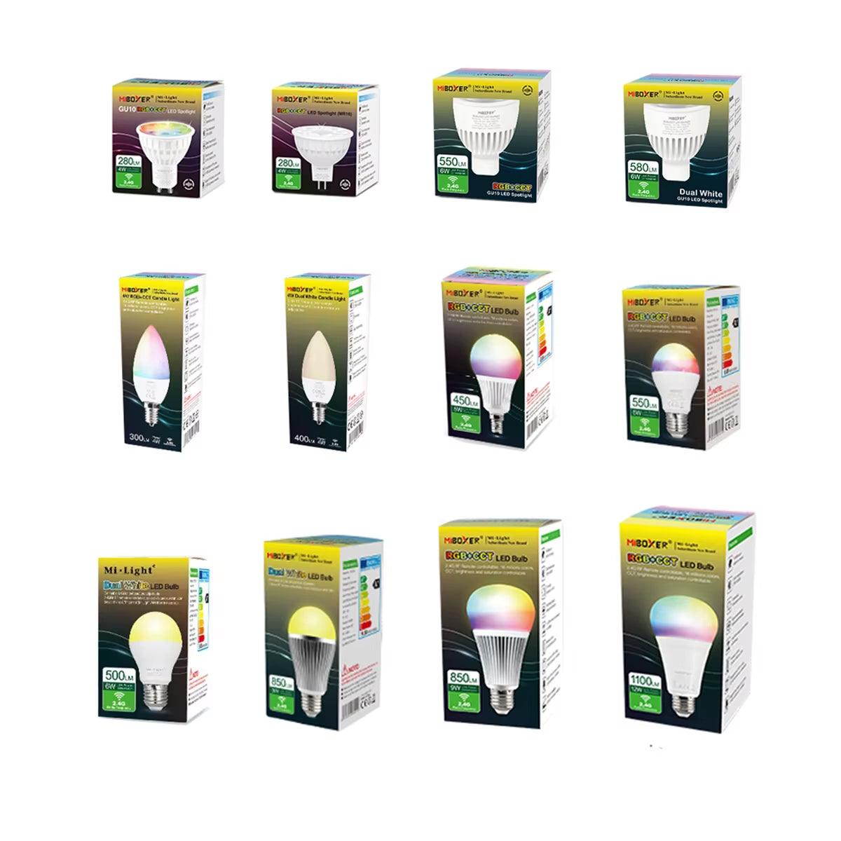 MiBoxer 2.4G Smart LED Bulbs – E14, GU10, E27, MR16 | RGB+CCT & CCT | Wireless Control | 4W–12W