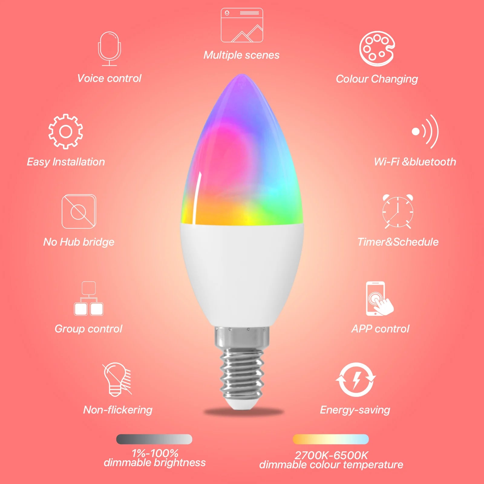 2Pcs Smart Light Bulb C37 Candle Bulbs 220V 5W Work with Echo Alexa Google Home RGBCW Wifi Bluetooth Colour Changing LED Light