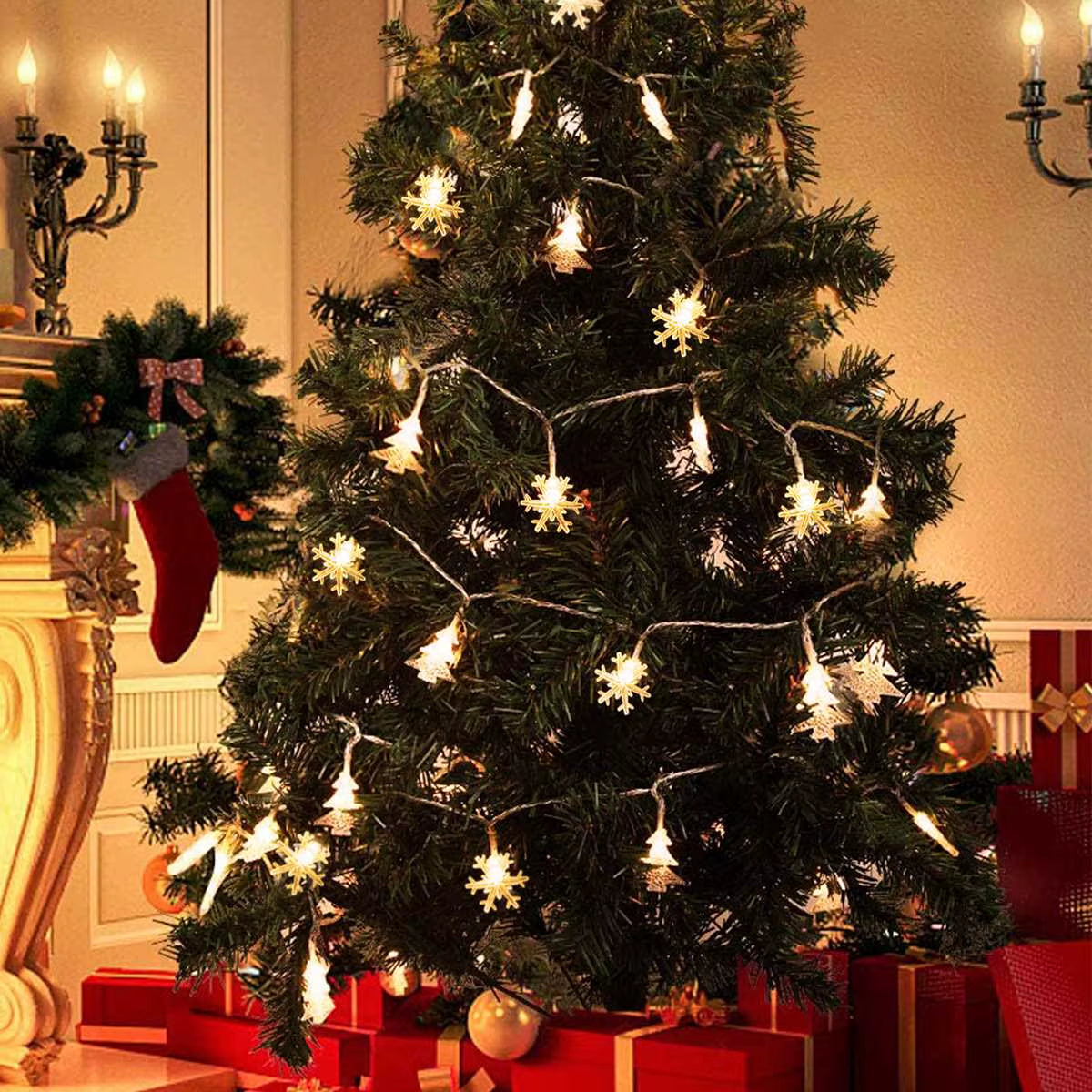 Snowflake LED String Lights – Battery Powered Christmas Tree & Holiday Decoration | Warm White or Cool White