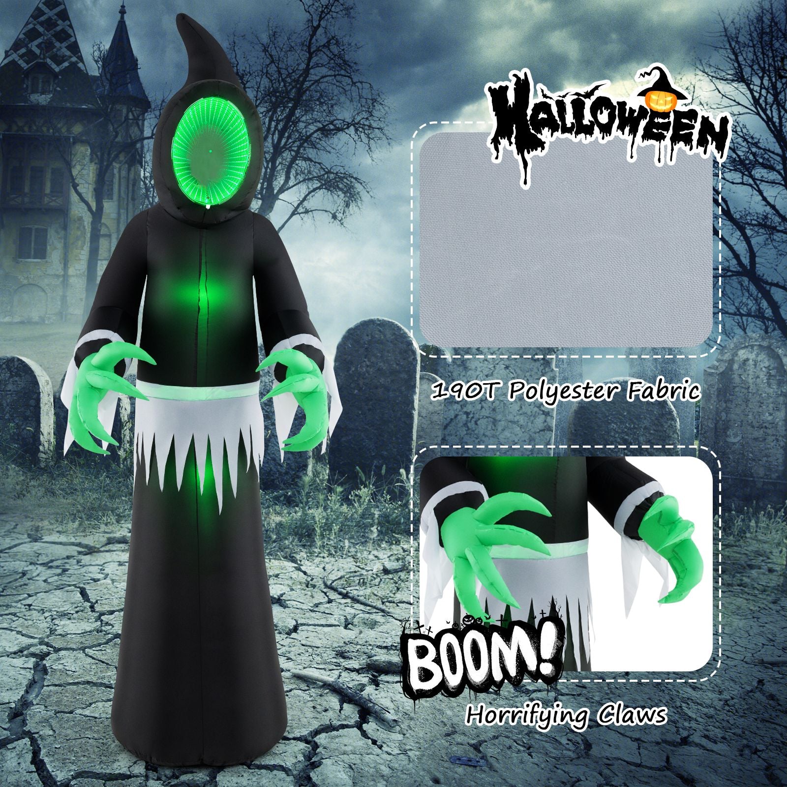 Giant Inflatable Halloween Ghost – 245 cm with Infinity Tunnel Lights & Green LEDs