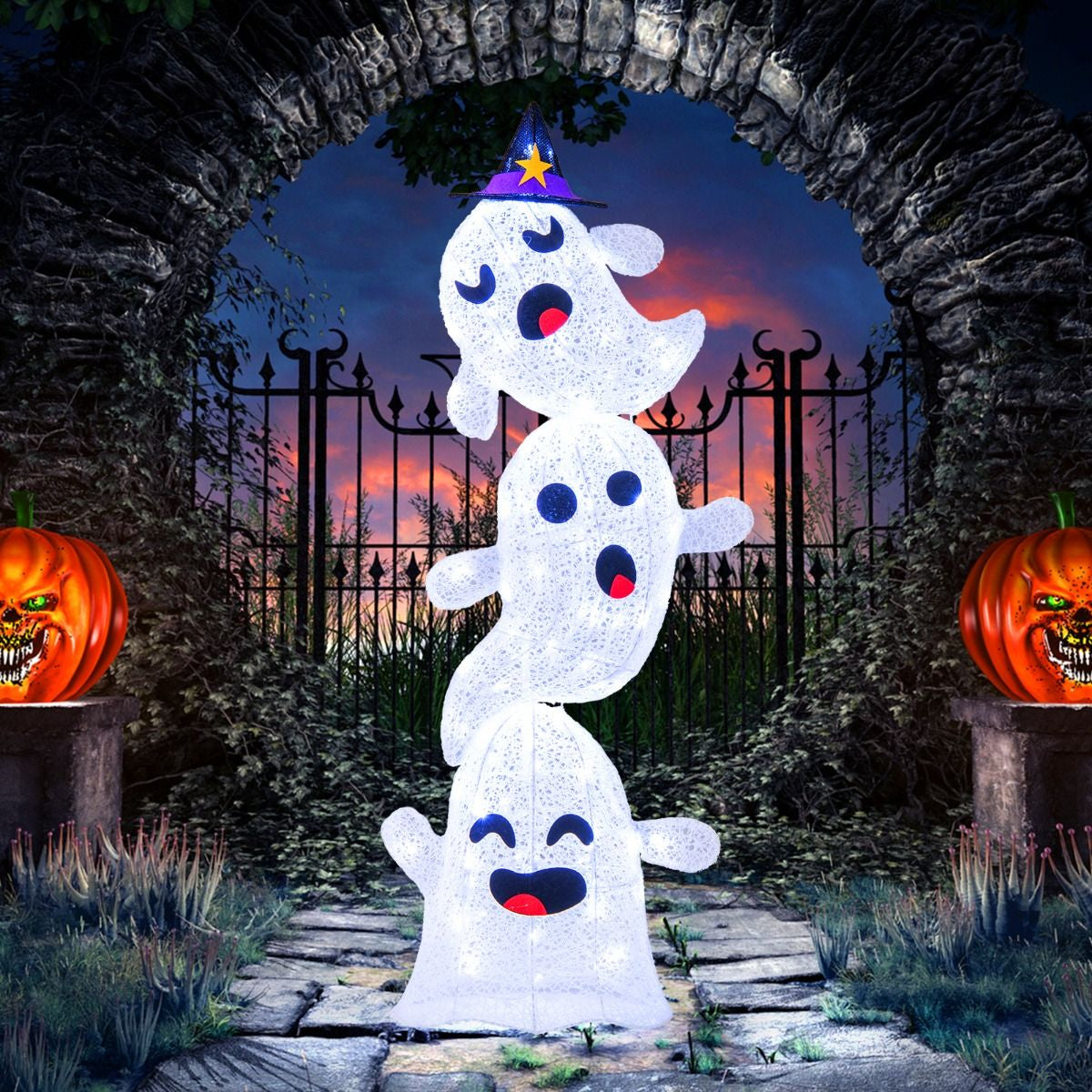 4 FT Stacked Ghosts with 120 LED Lights and 4 Ground Stakes