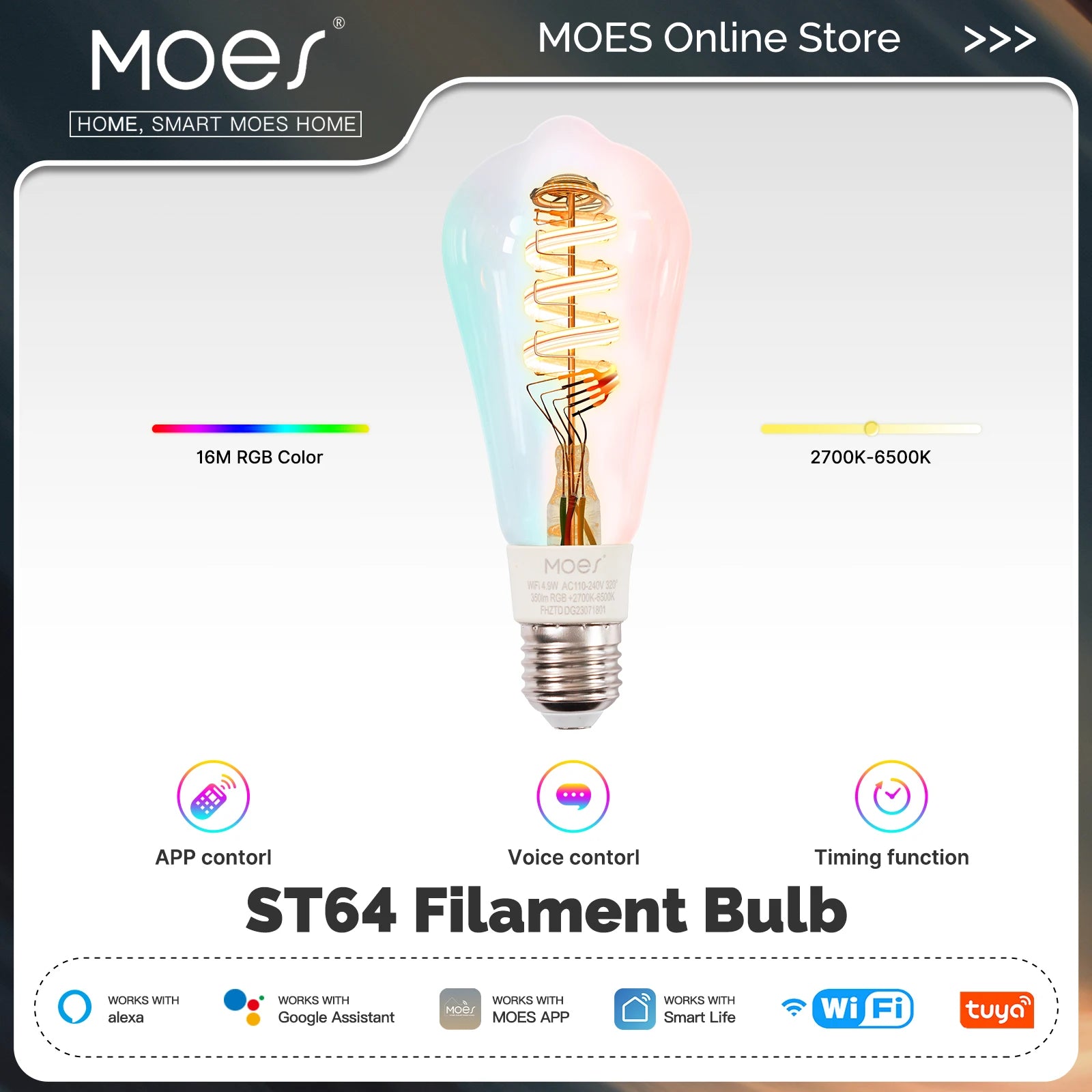 MOES Tuya WiFi Smart ST64 Edison Bulb – E27 | RGB + 2700K–6500K | Dimmable | Alexa & Google Compatible