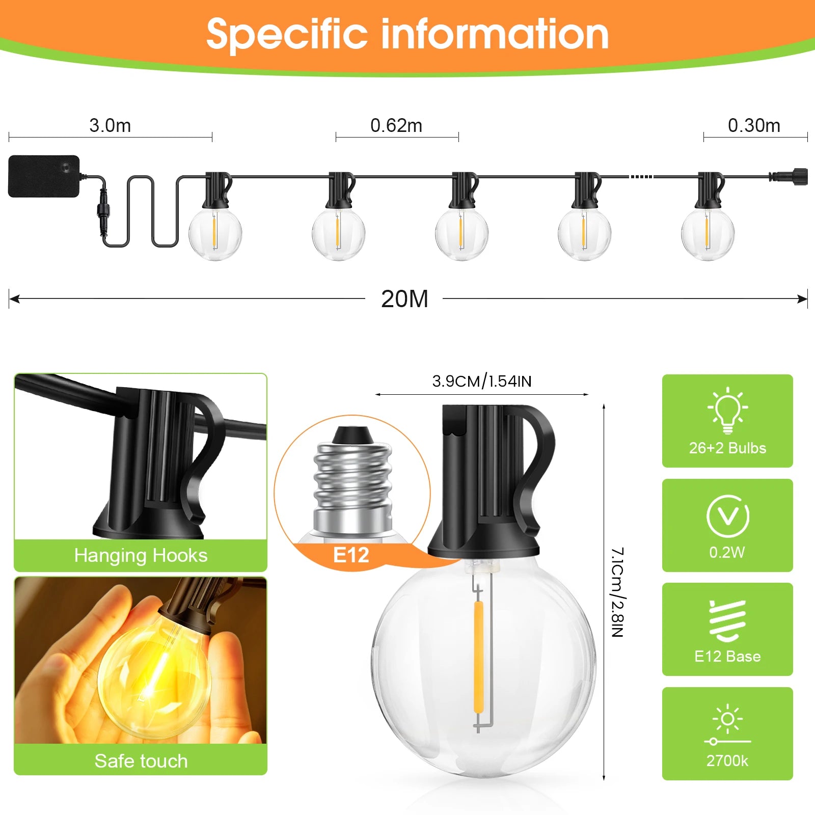G40 Outdoor String Lights – 20M | 28 LED Vintage Bulbs | Dimmable, Waterproof | Patio, Garden & Party Lighting