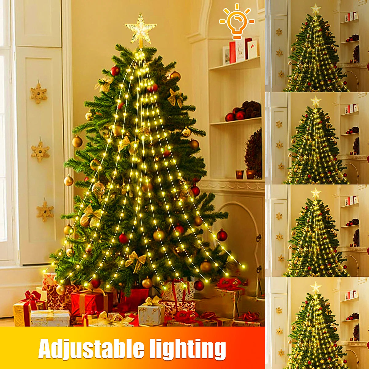 Christmas Tree Star Light with Waterfall LED Strings – USB Powered | 8 Modes, Waterproof Indoor & Outdoor Decoration
