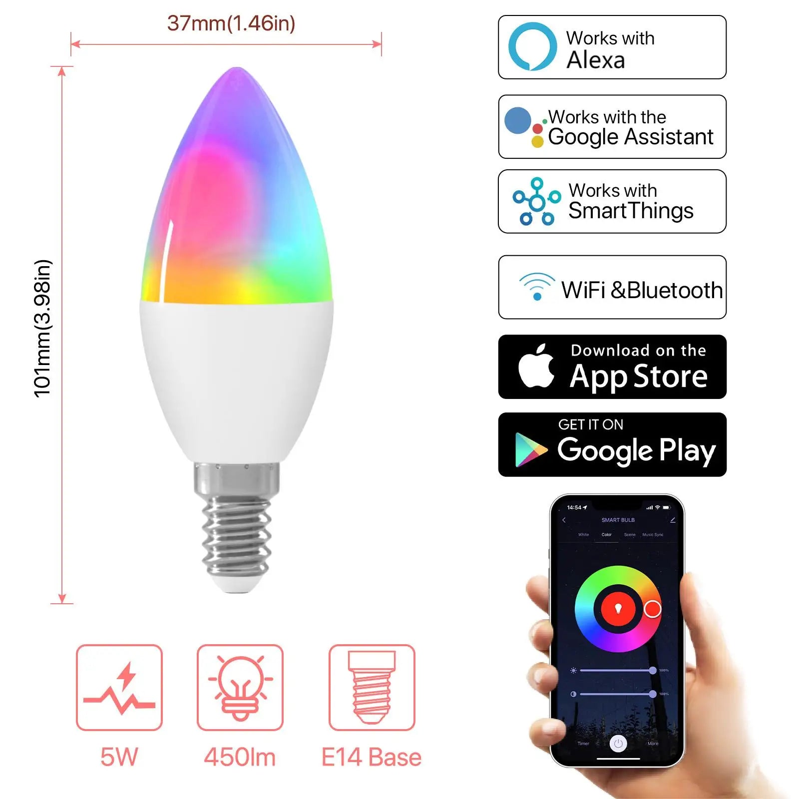 2Pcs Smart Light Bulb C37 Candle Bulbs 220V 5W Work with Echo Alexa Google Home RGBCW Wifi Bluetooth Colour Changing LED Light