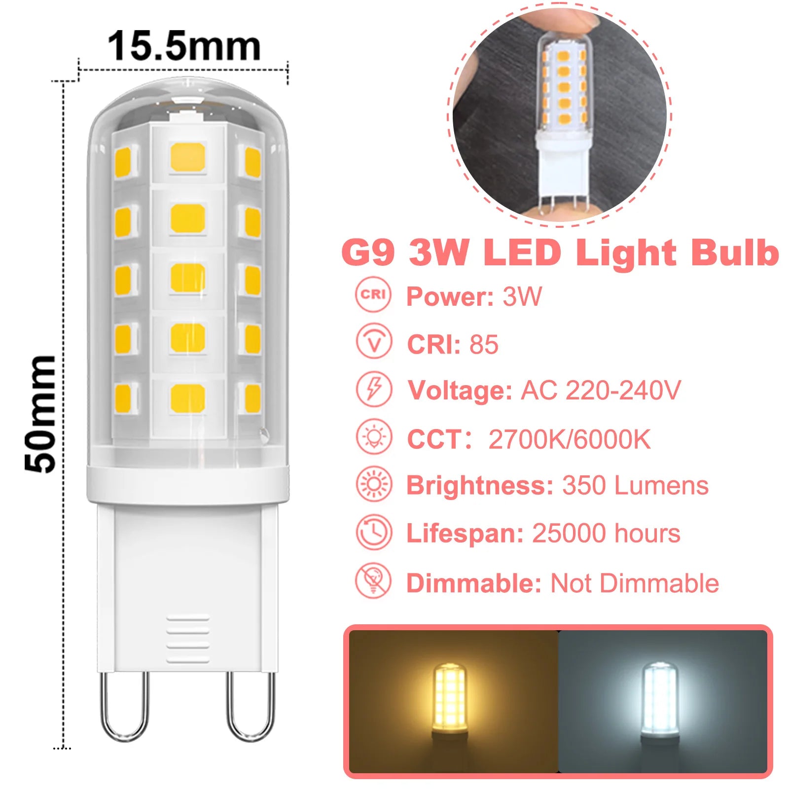 6 x  G9 LED Bulbs 3W 220V 2700K Warm White 6000K Cool White Energy Saving Light Equivalent 30W - 40W Non-Dimmable Halogen Bulbs