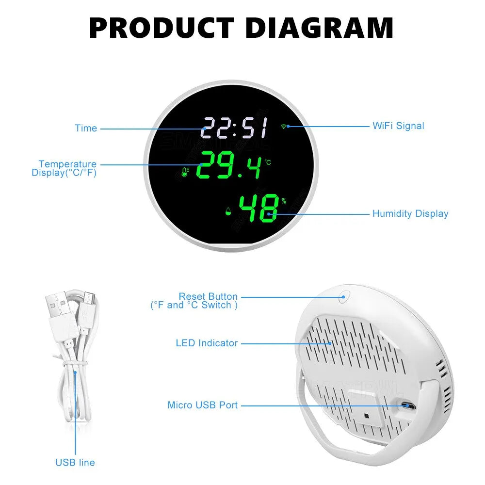 Tuya WiFi + Bluetooth Temperature & Humidity Sensor – Smart LED Hygrometer | Alexa & Google Compatible