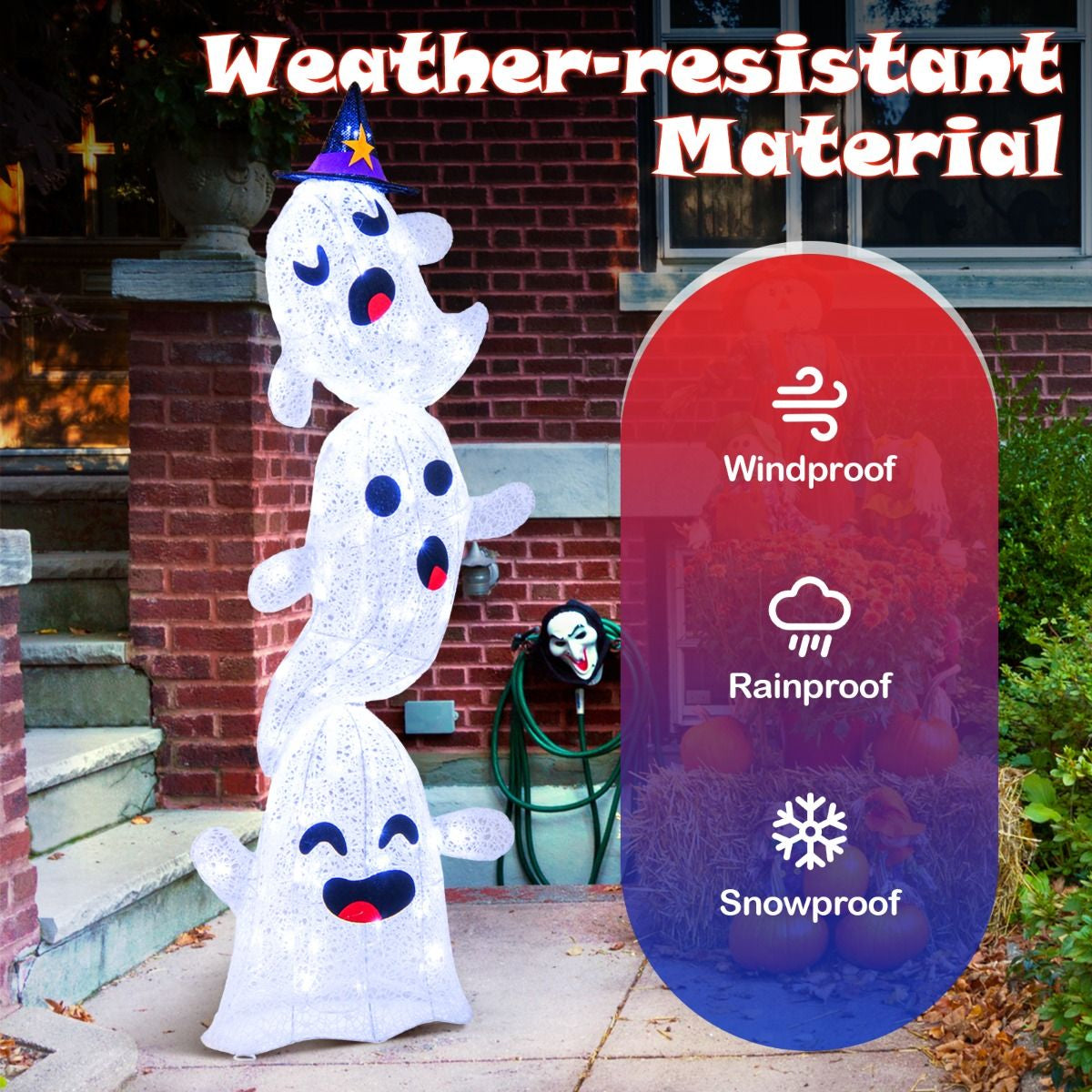 4 FT Stacked Ghosts with 120 LED Lights and 4 Ground Stakes
