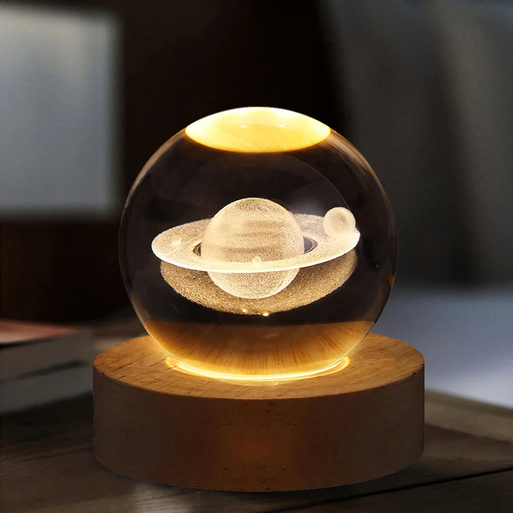 Crystal Ball Night Light – 3D Laser Engraved Galaxy Lamp with Wooden Base | USB Powered Gift