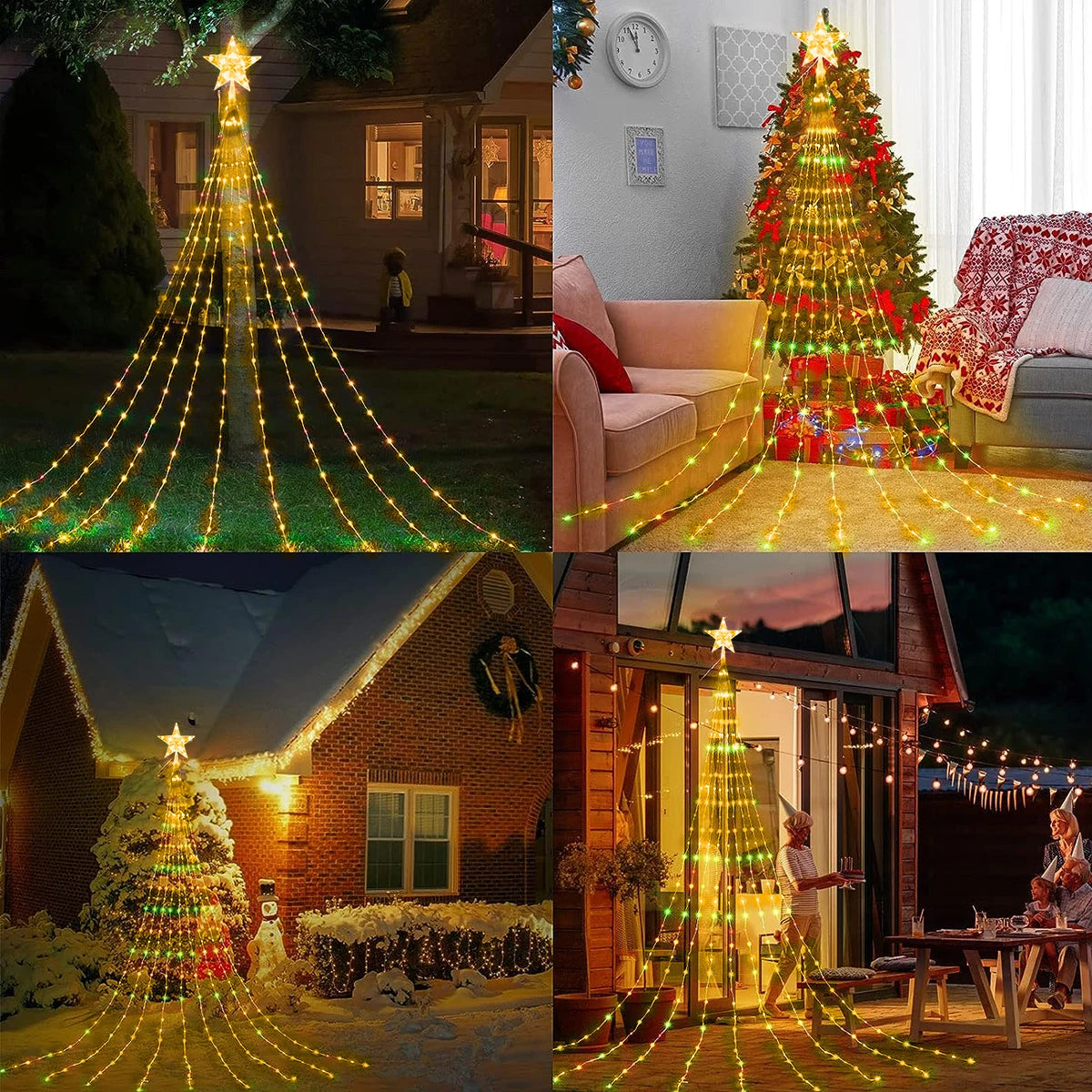 Christmas Tree Star Light with Waterfall LED Strings – USB Powered | 8 Modes, Waterproof Indoor & Outdoor Decoration