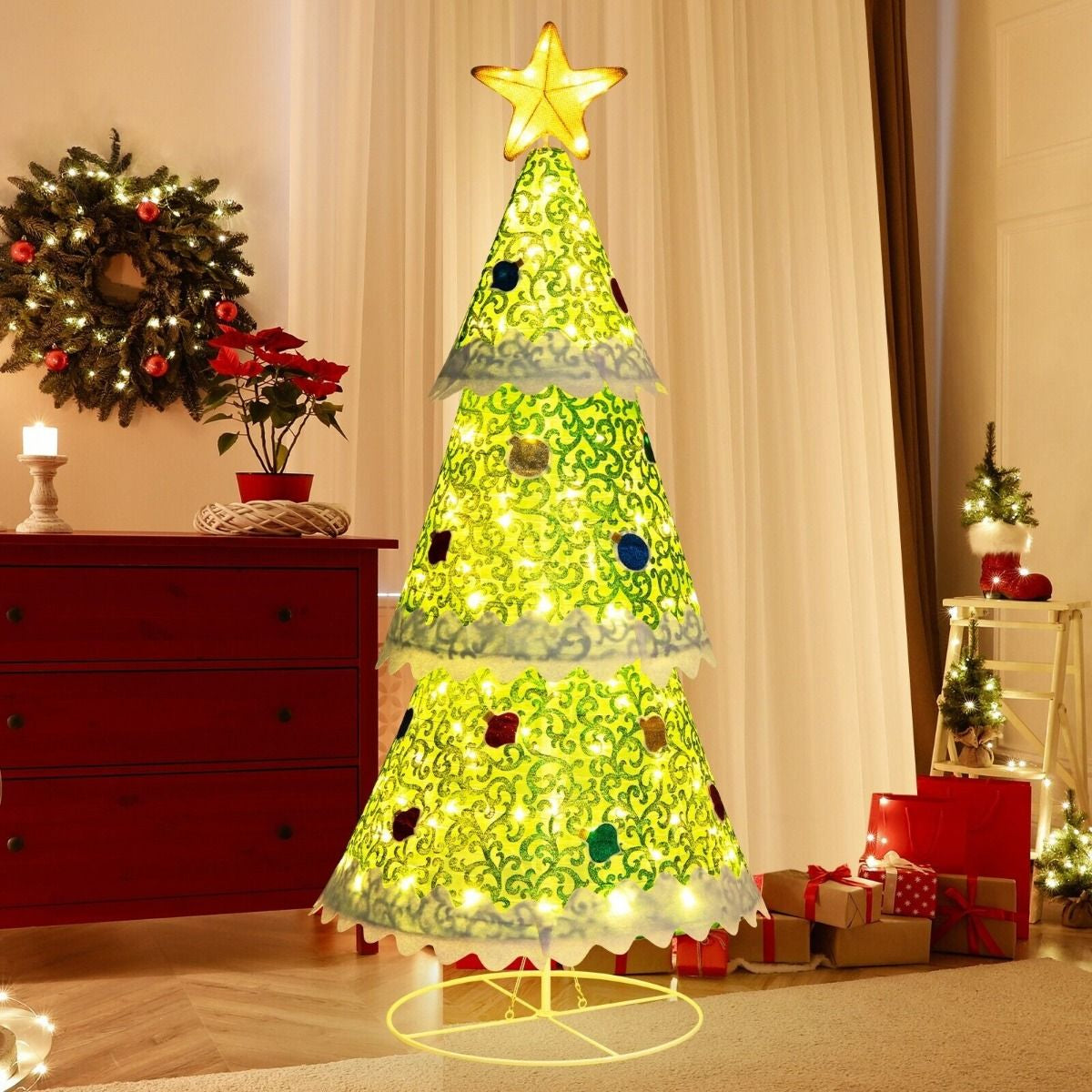 141cm Pop-Up Christmas Tree – Pre-Lit with 110 LED Lights | Foldable Indoor & Outdoor Holiday Décor