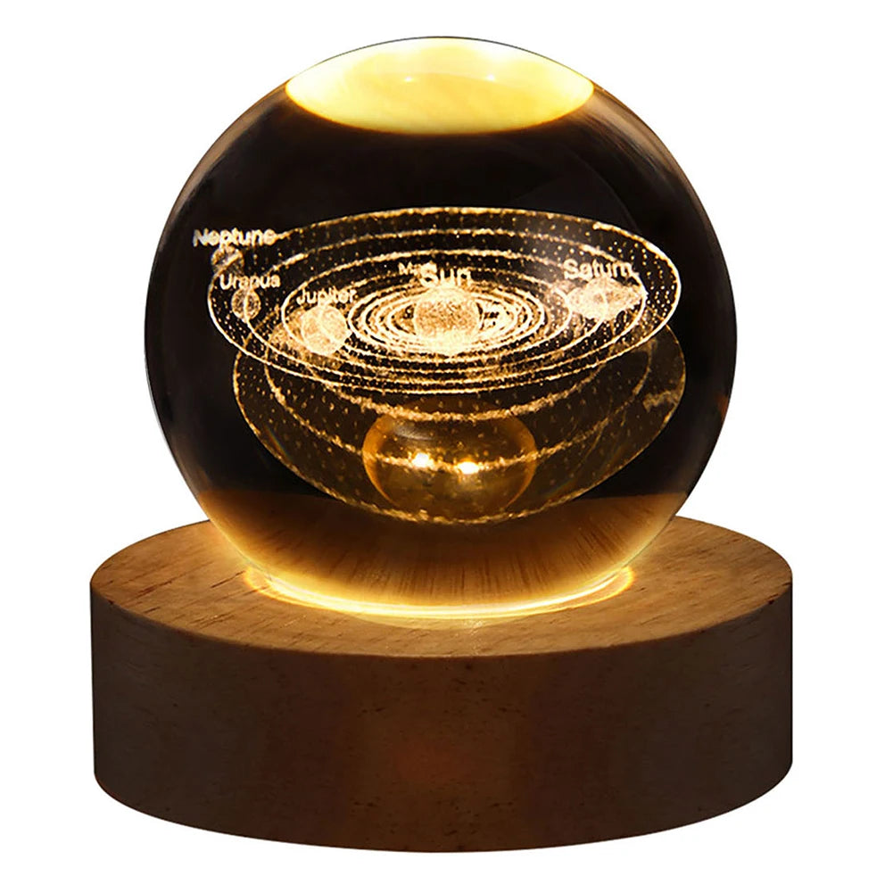 Crystal Ball Night Light – 3D Laser Engraved Galaxy Lamp with Wooden Base | USB Powered Gift