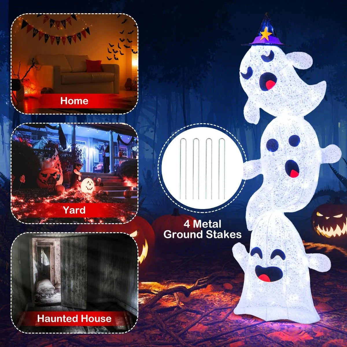 4 FT Stacked Ghosts with 120 LED Lights and 4 Ground Stakes