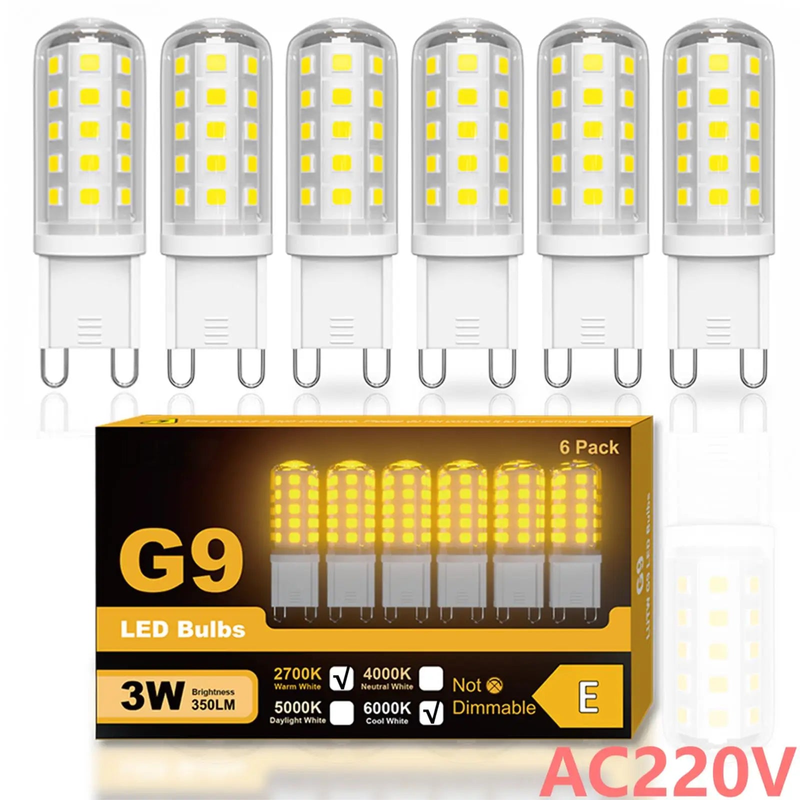6 x  G9 LED Bulbs 3W 220V 2700K Warm White 6000K Cool White Energy Saving Light Equivalent 30W - 40W Non-Dimmable Halogen Bulbs