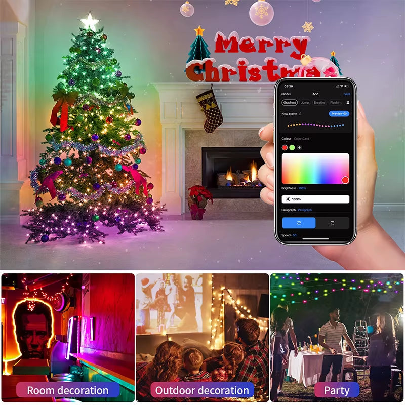 Christmas LED String Lights with Chase Effect – WS2812B IC Waterproof Strip | USB Powered, Multiple Modes