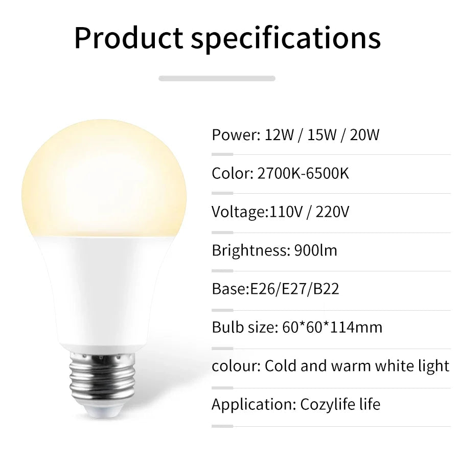 WiFi Smart LED Bulb – E27 | 12W/15W/20W | Warm & Cool White | Alexa & Google Home Compatible