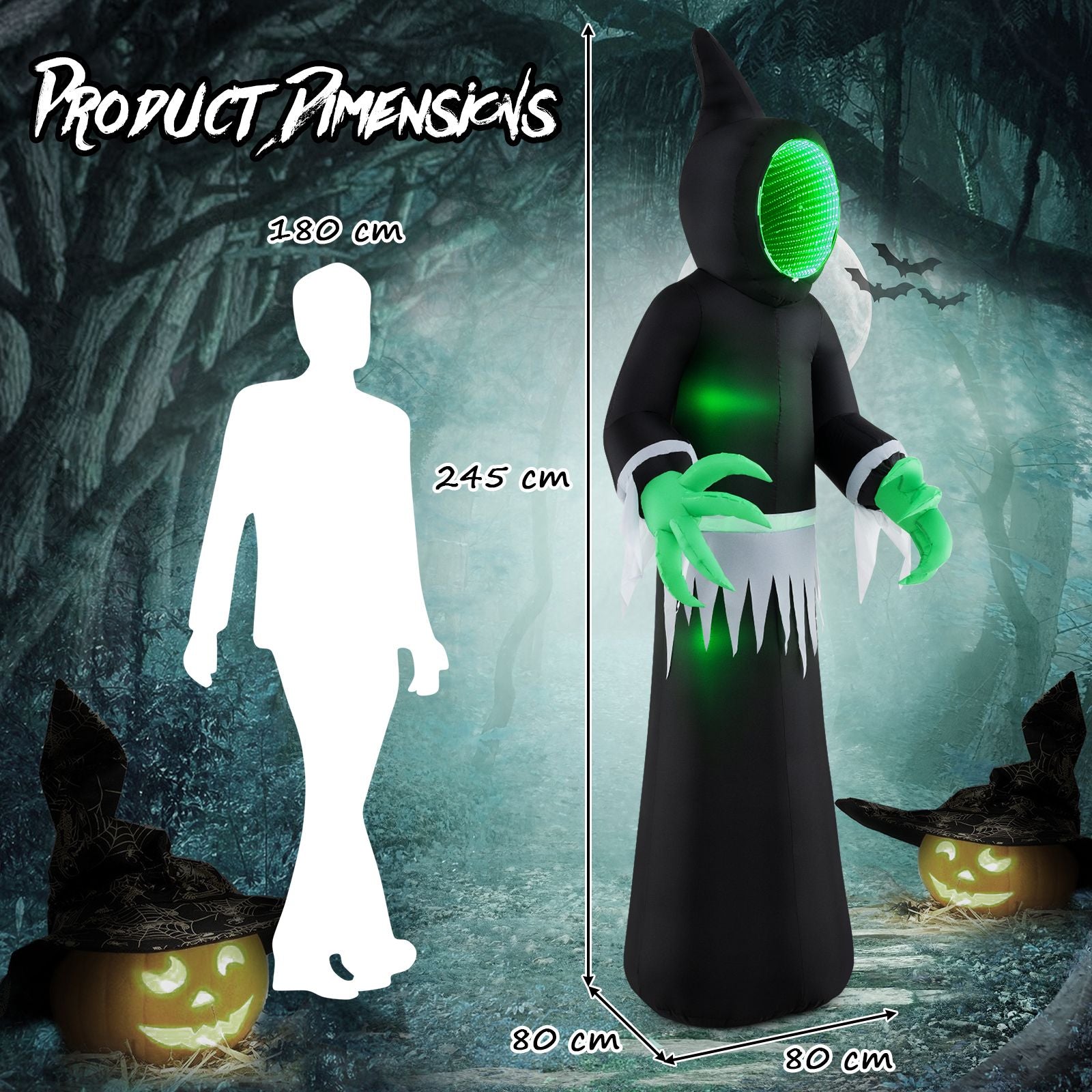 Giant Inflatable Halloween Ghost – 245 cm with Infinity Tunnel Lights & Green LEDs