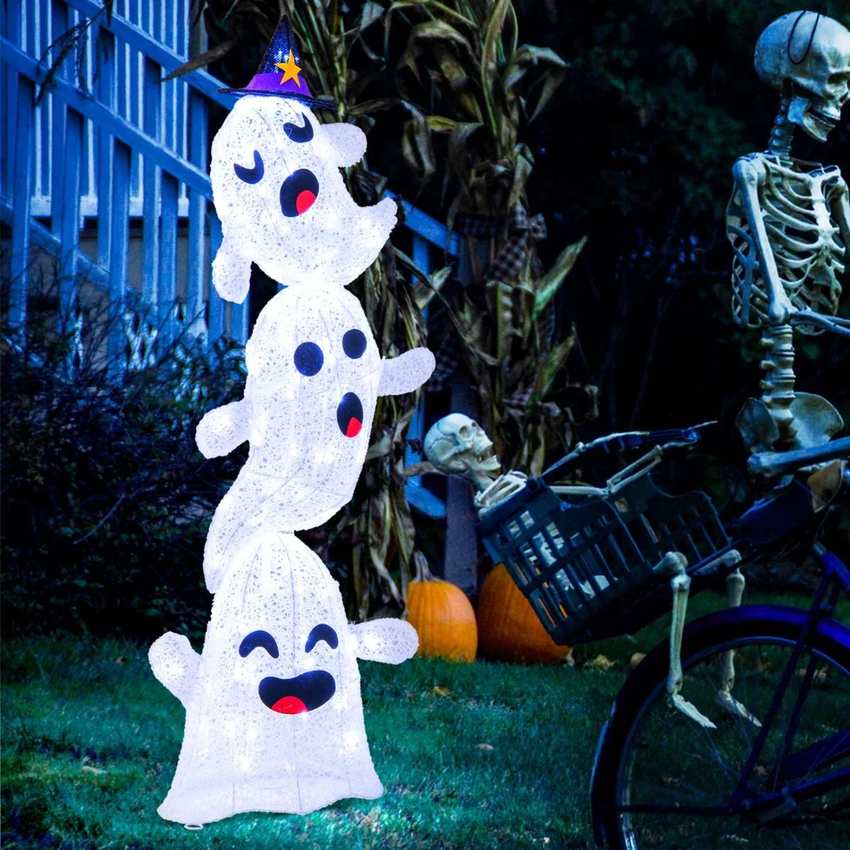 4 FT Stacked Ghosts with 120 LED Lights and 4 Ground Stakes