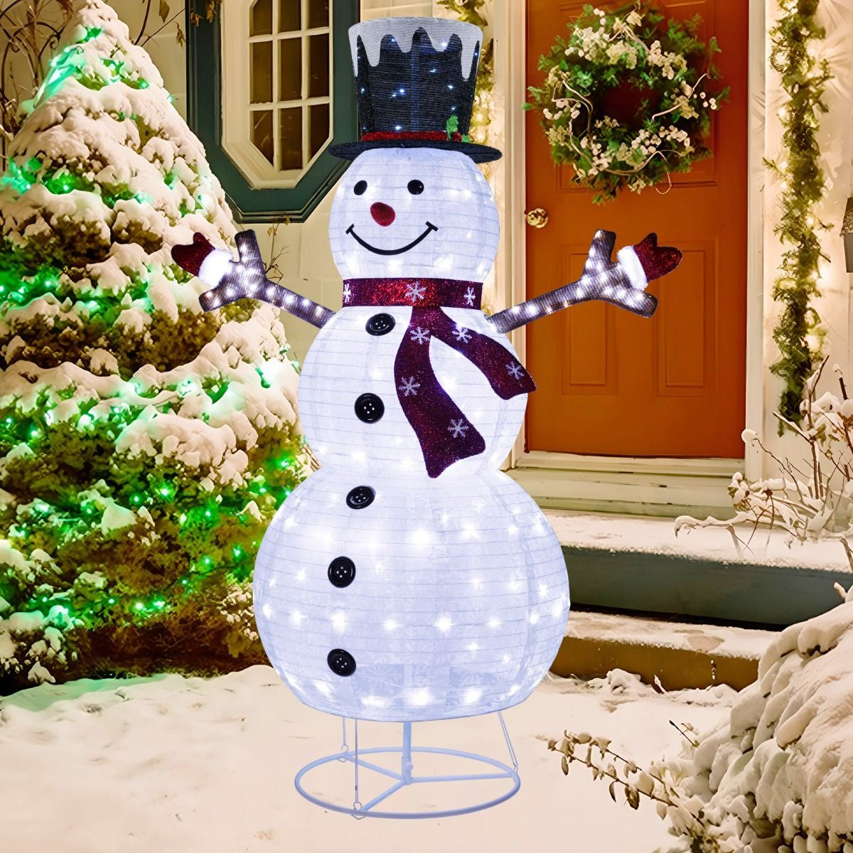 6ft Pre-Lit Snowman – 180 LED Outdoor Christmas Decoration | Pop-Up Design with Stakes & Rope