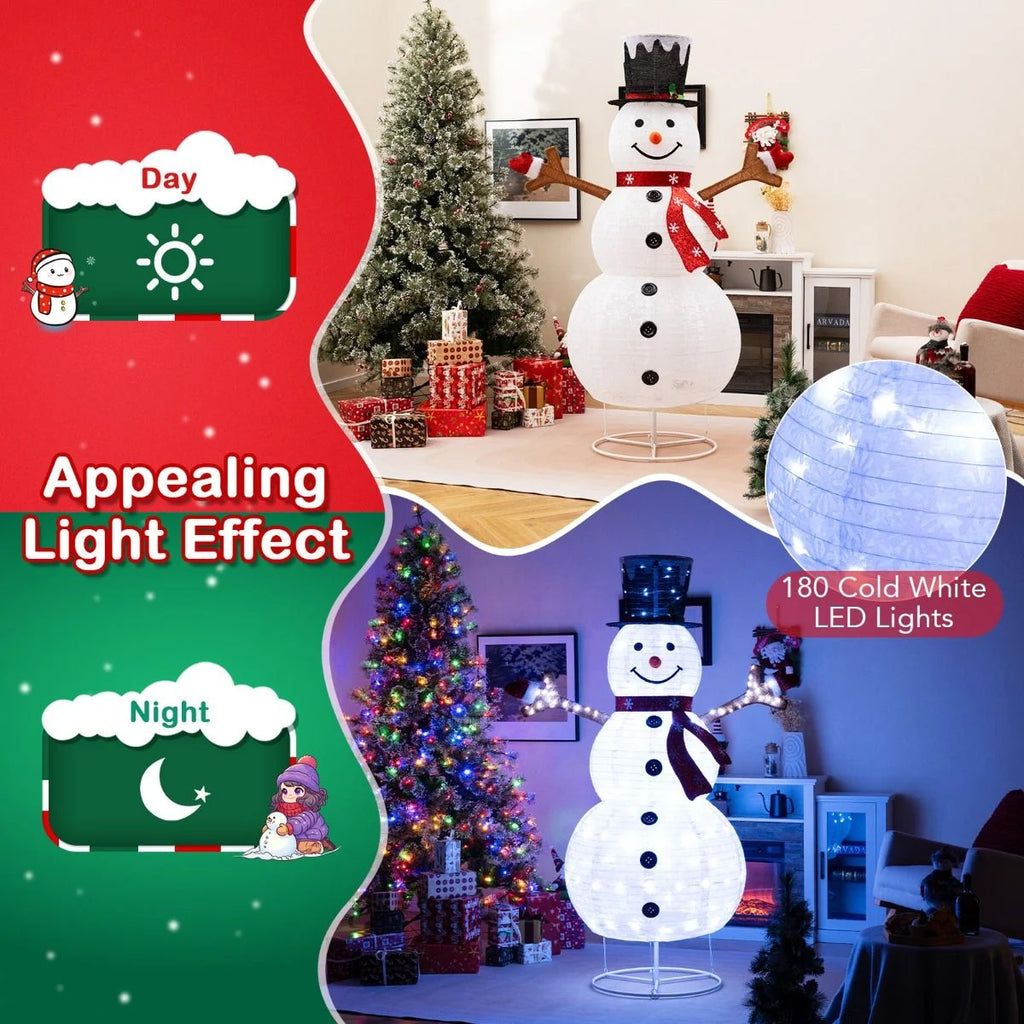6ft Pre-Lit Snowman – 180 LED Outdoor Christmas Decoration | Pop-Up Design with Stakes & Rope