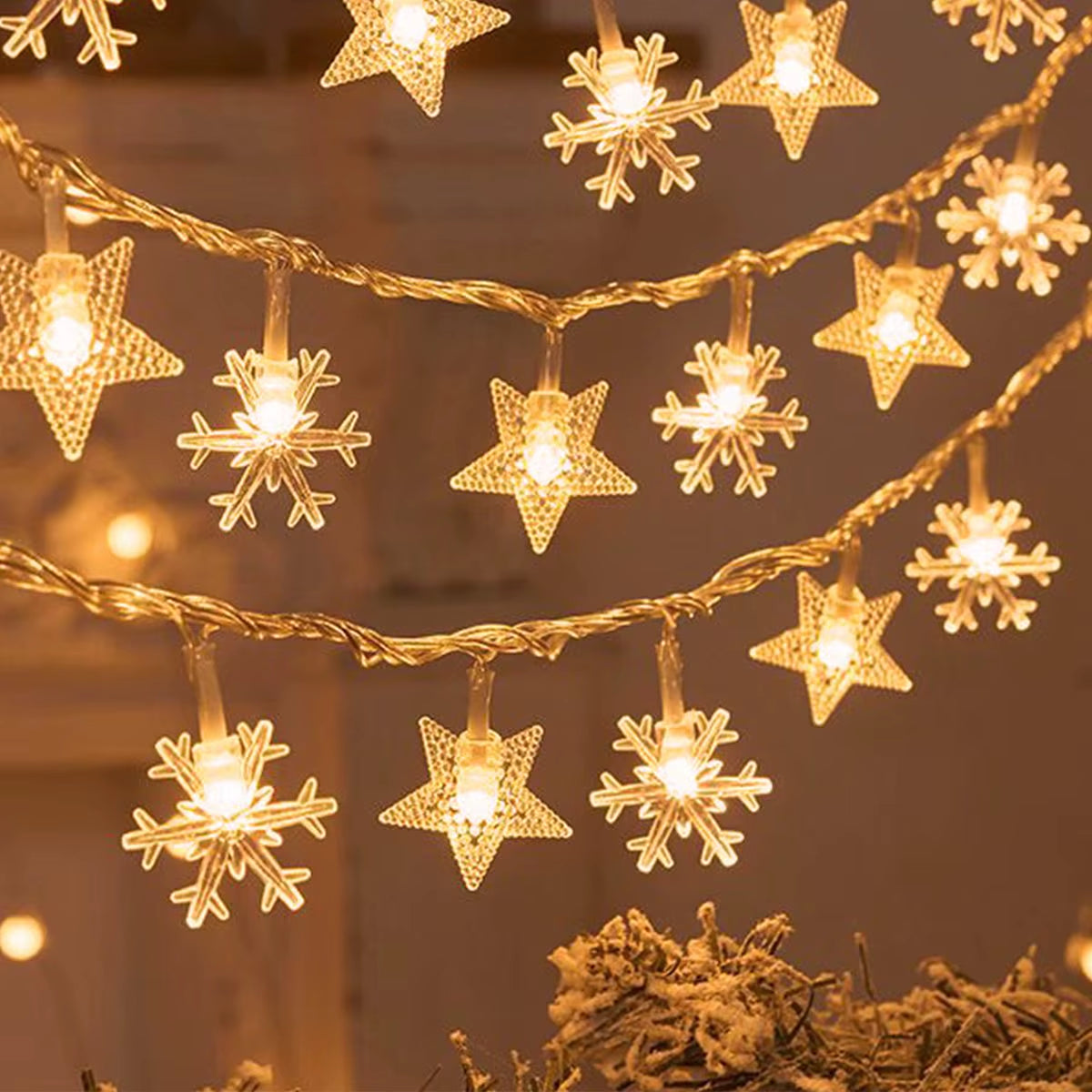 Snowflake LED String Lights – Battery Powered Christmas Tree & Holiday Decoration | Warm White or Cool White